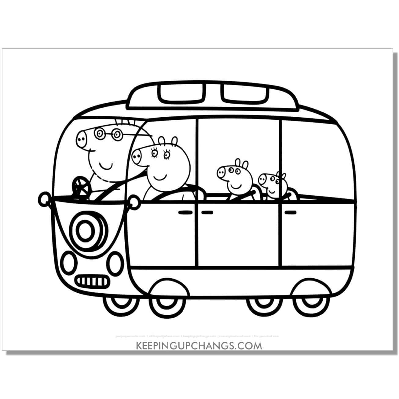 free peppa pig family camper van coloring page, sheet.