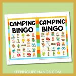 free camping bingo card 5x5 5x7 game boards with images and text words.