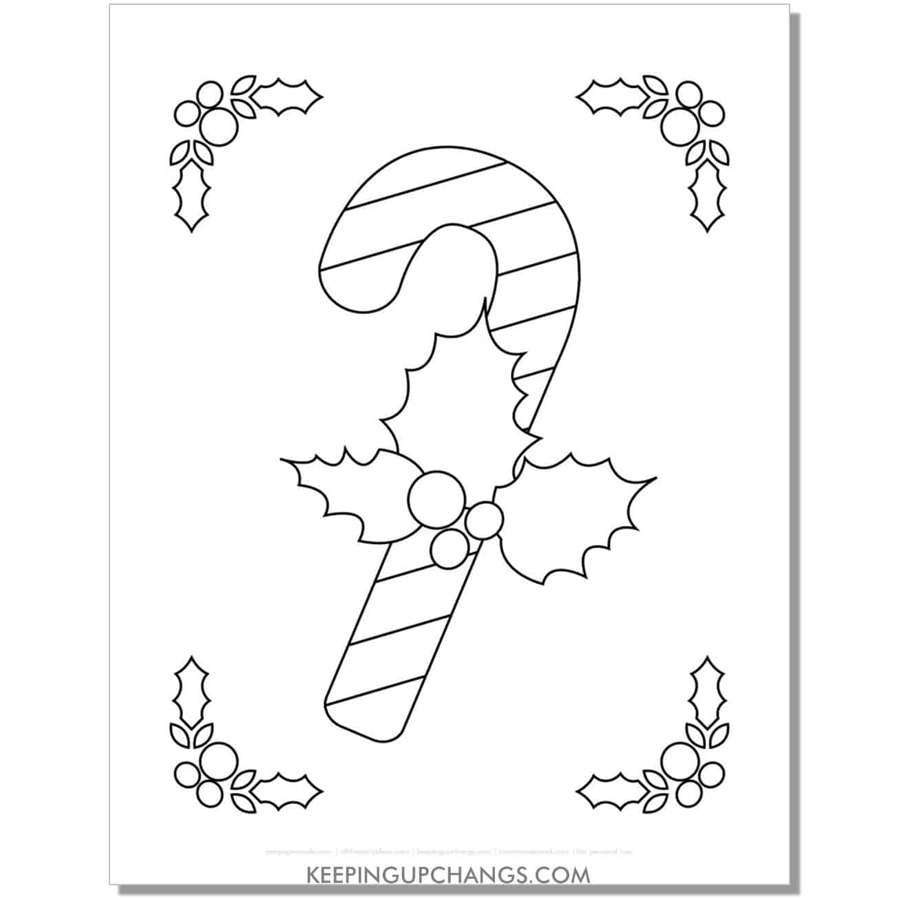 free big candy cane with holly coloring page.