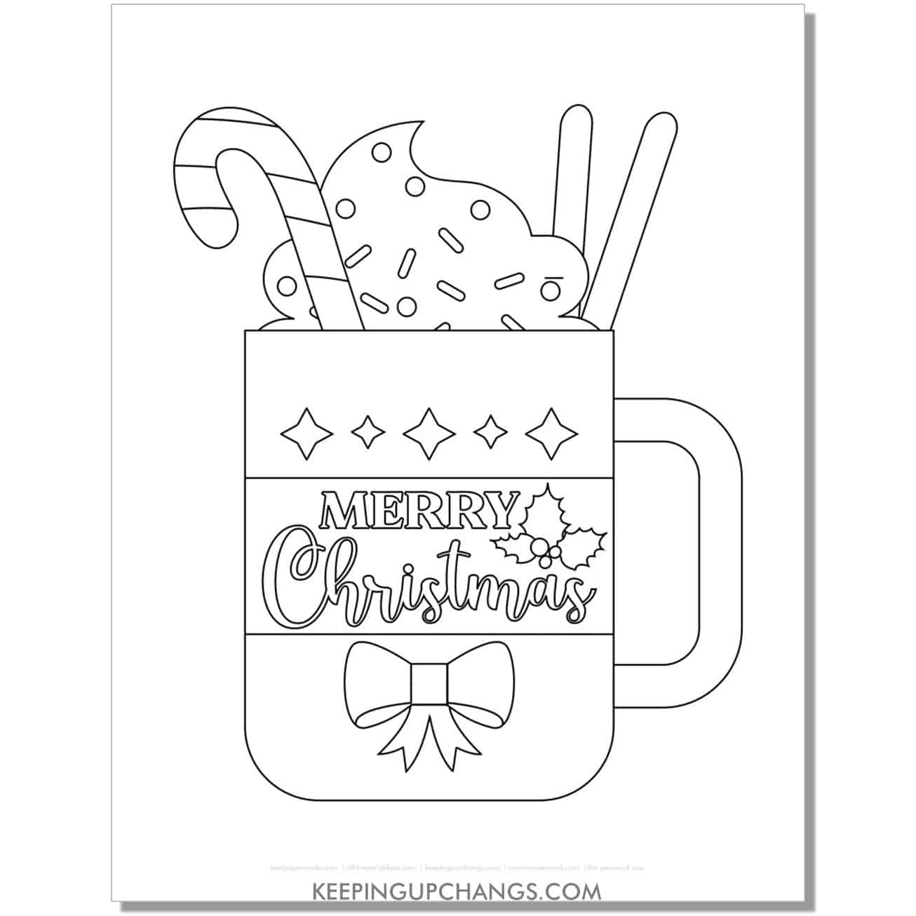 free merry christmas hot chocolate with candy cane coloring page.