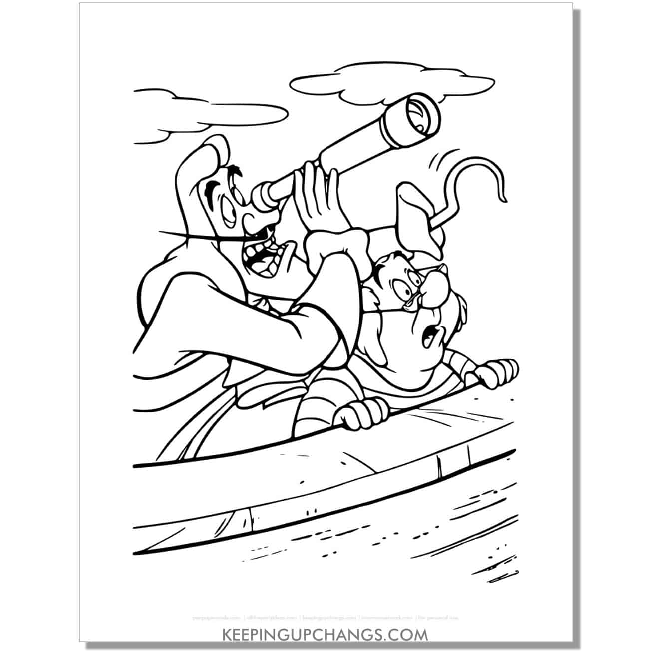 captain hook looks through telescope with mr. smee coloring page, sheet.