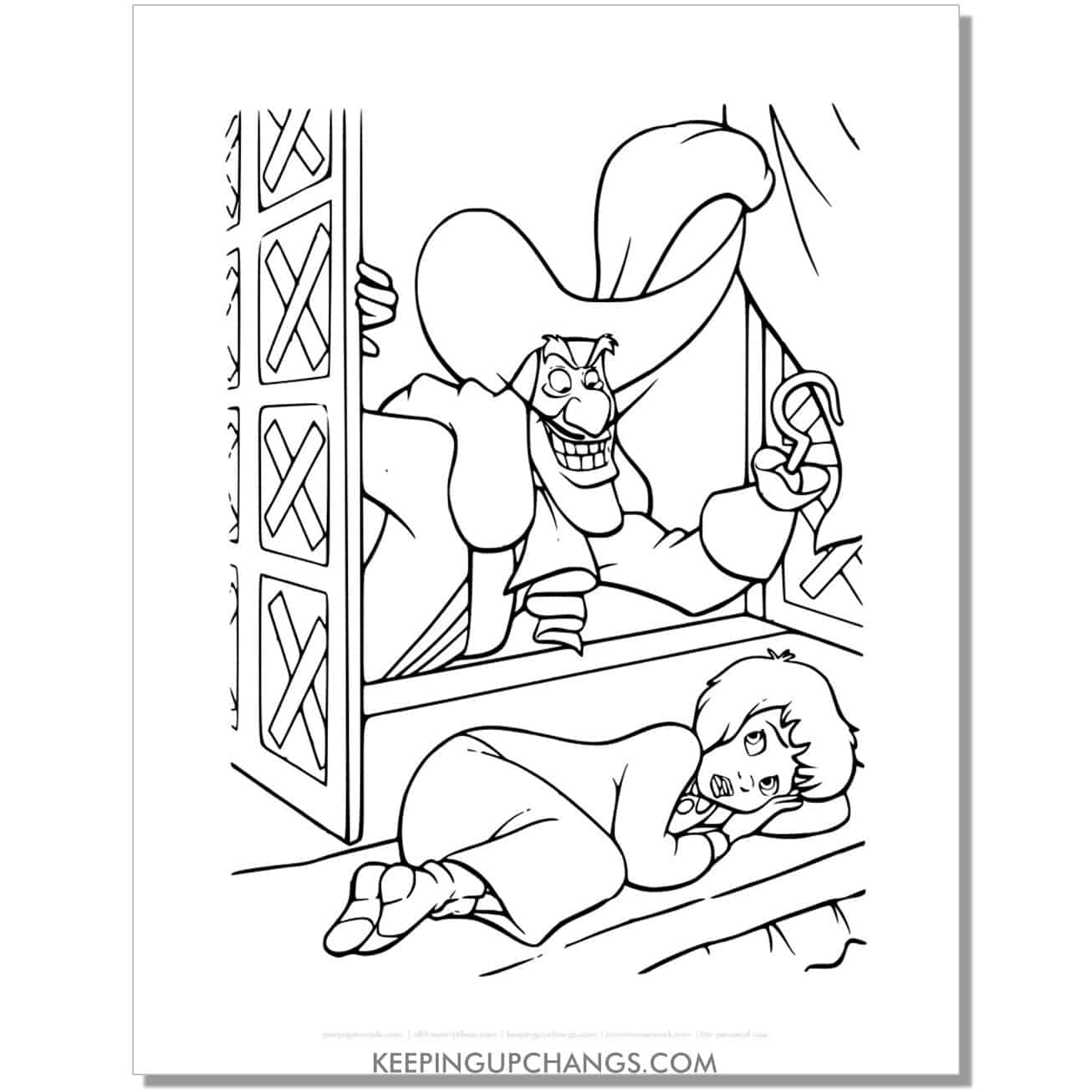captain hook at jane darling's window coloring page, sheet.