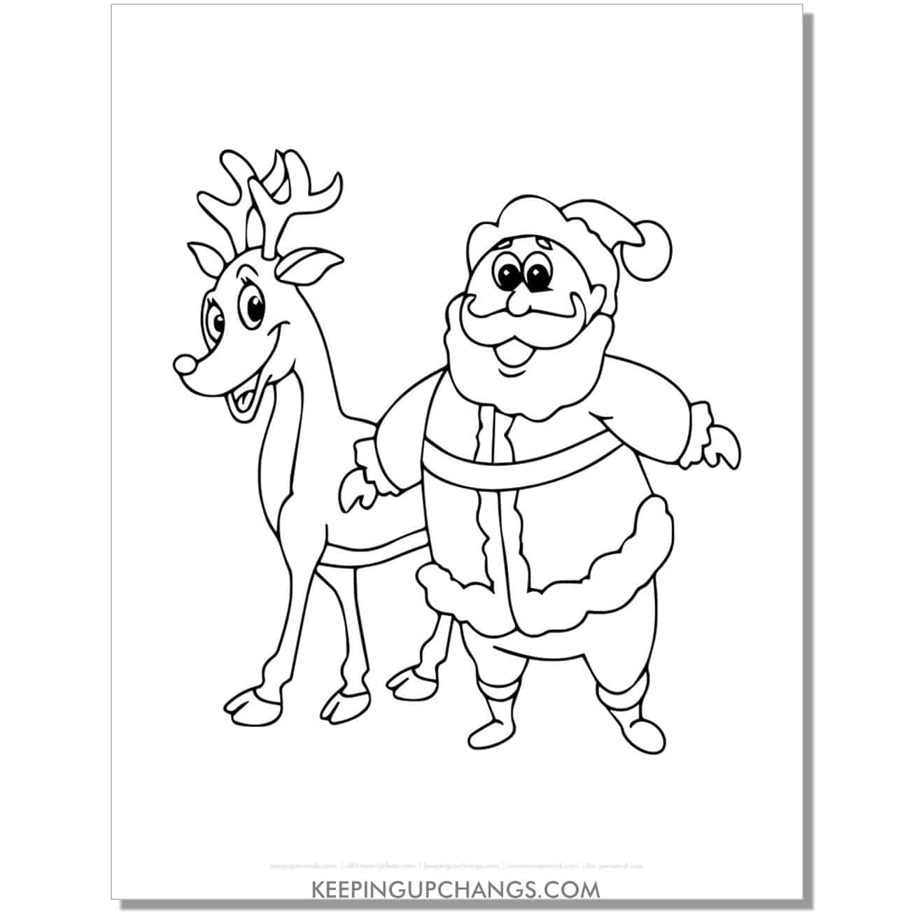 free cartoon Christmas reindeer and Santa coloring page.