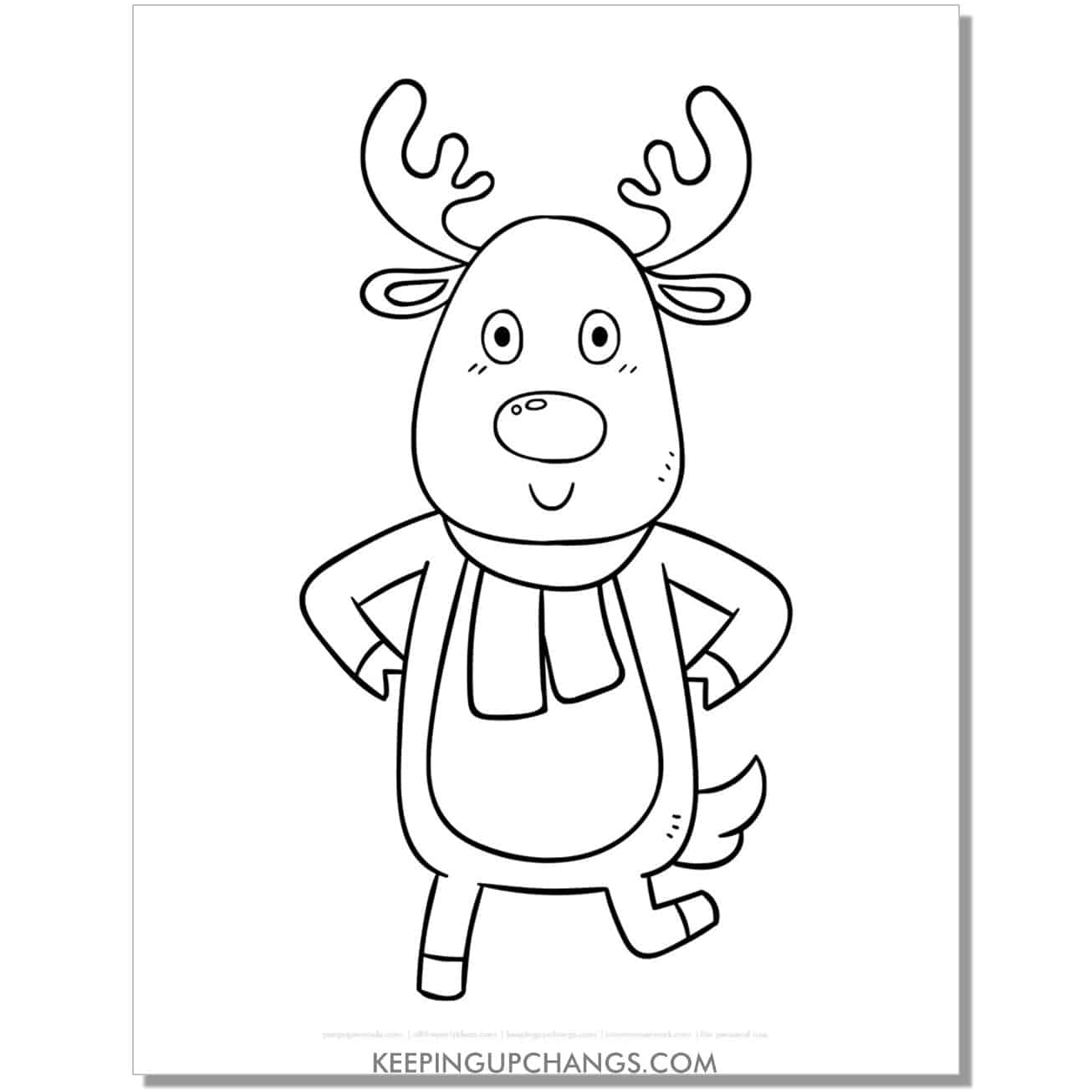free funny reindeer dancing with hands on hips coloring page.