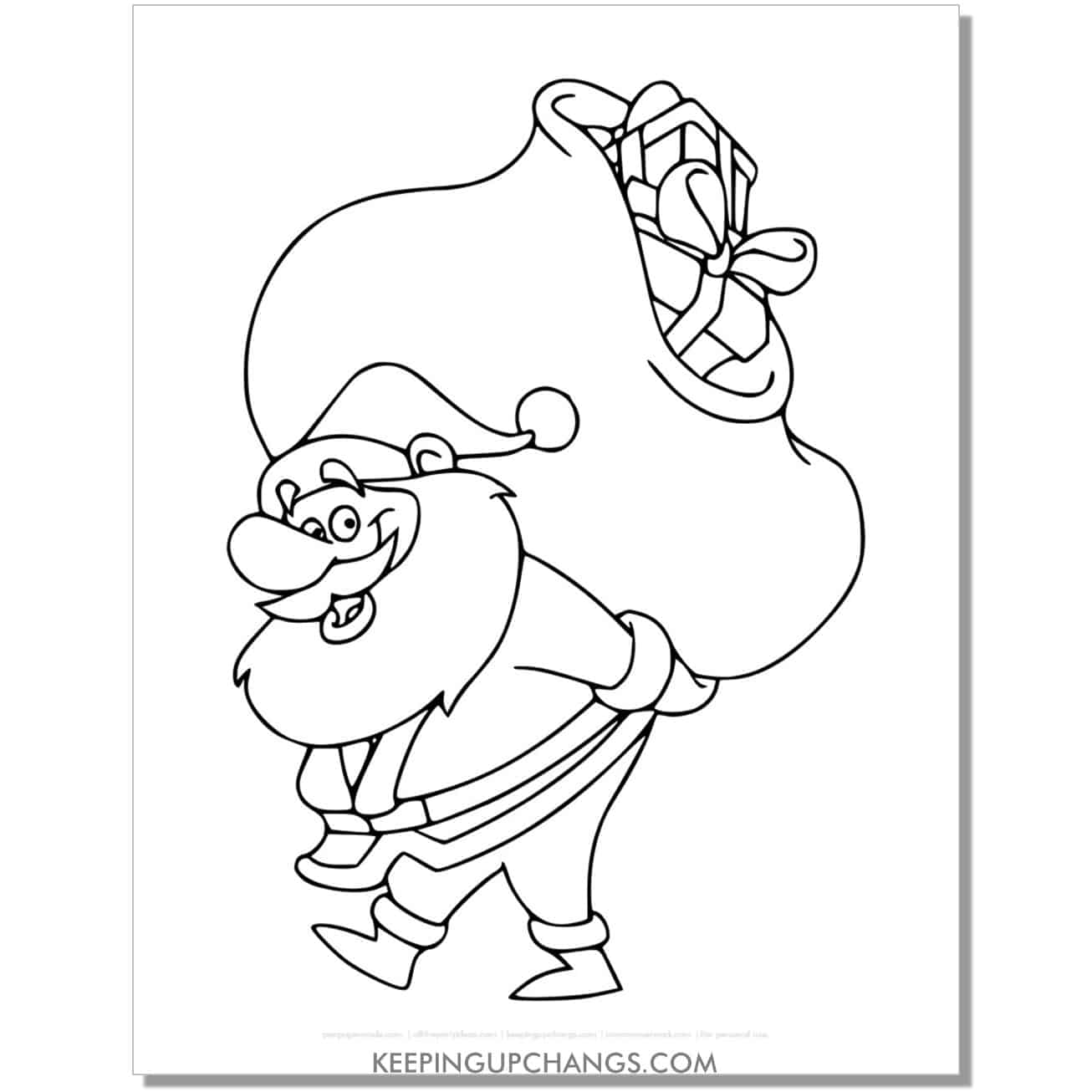 free cartoon santa with sack of presents on back coloring page.