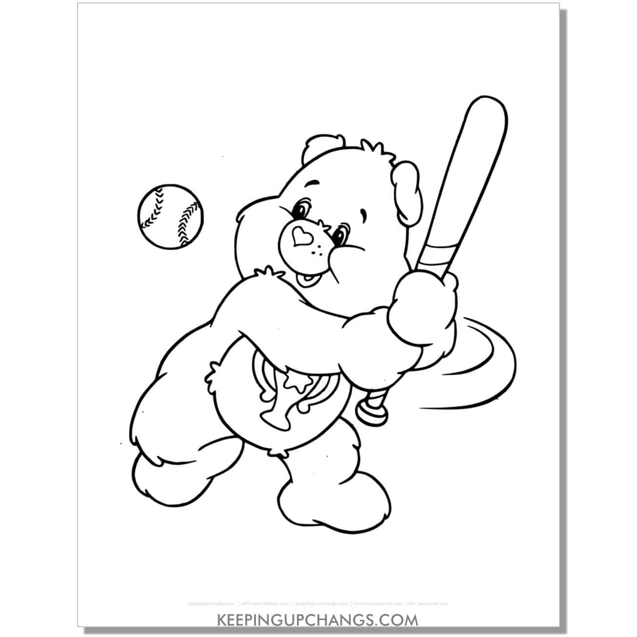 champ bear swinging baseball bat care bear coloring page, sheet.