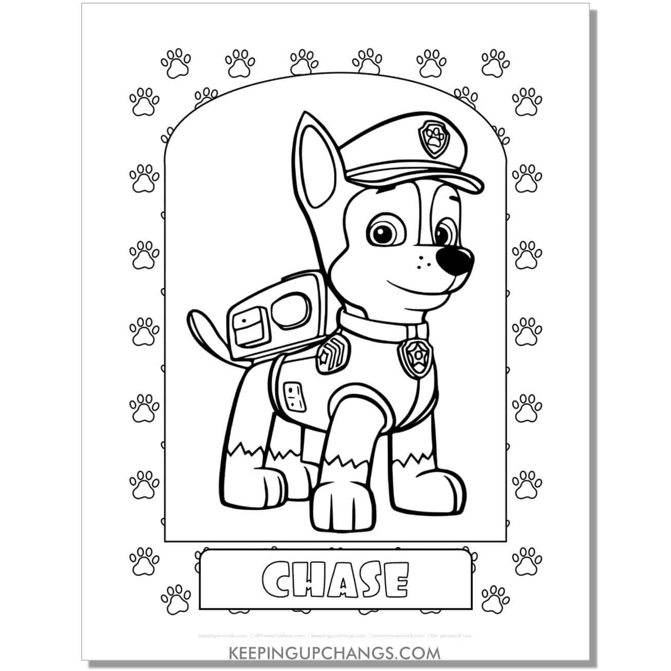 free chase dog print paw patrol coloring page, sheet.