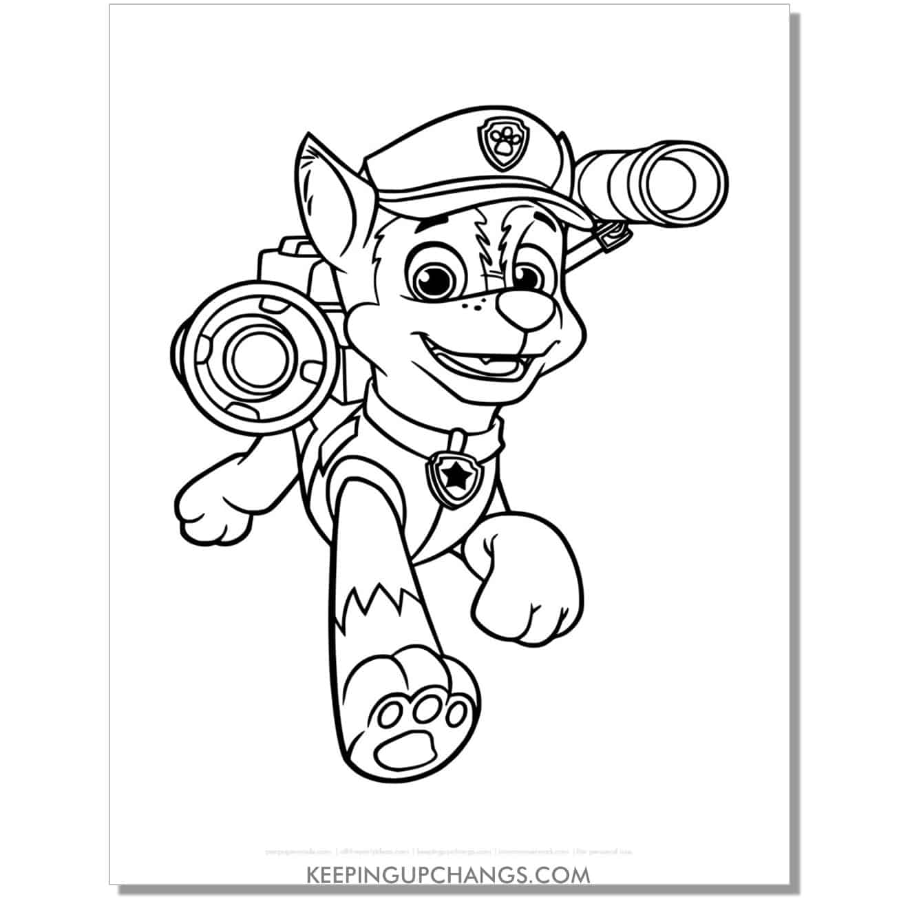 free chase with action gear ready paw patrol coloring page, sheet.