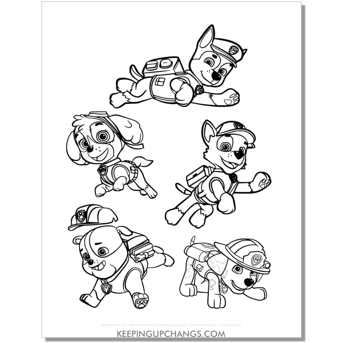 free chase, skye, rocky, rubble, and marshall paw patrol coloring page, sheet.