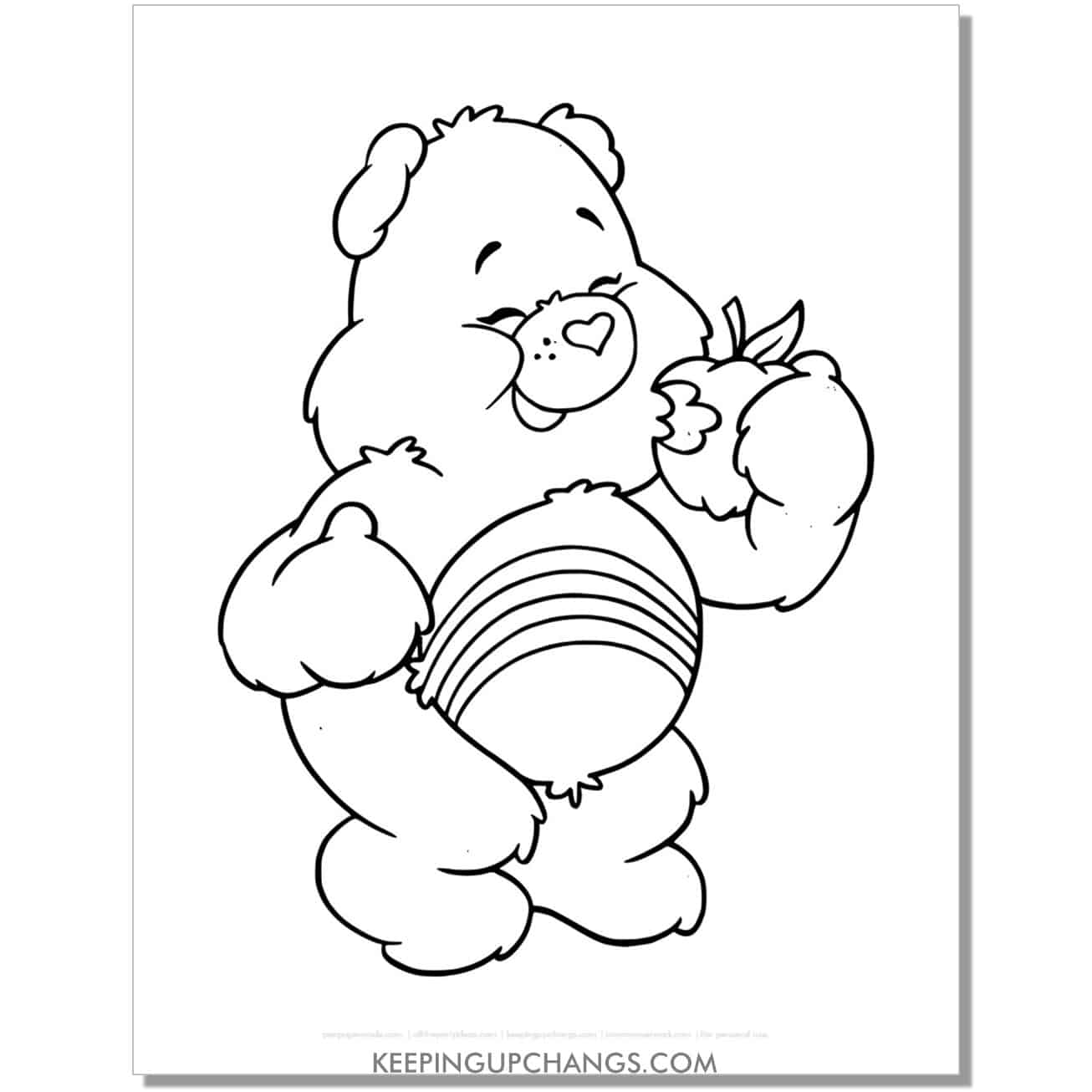 cheer bear eating apple care bear coloring page, sheet.