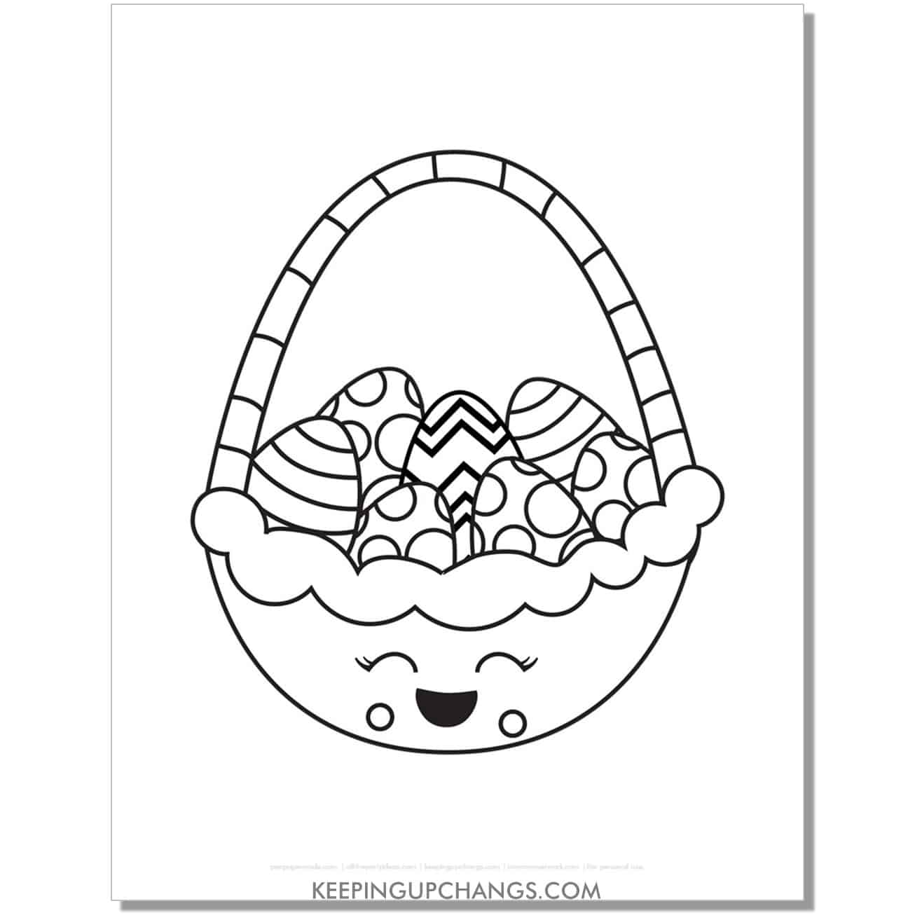 Easter basket with cute, kawaii face coloring page, sheet.