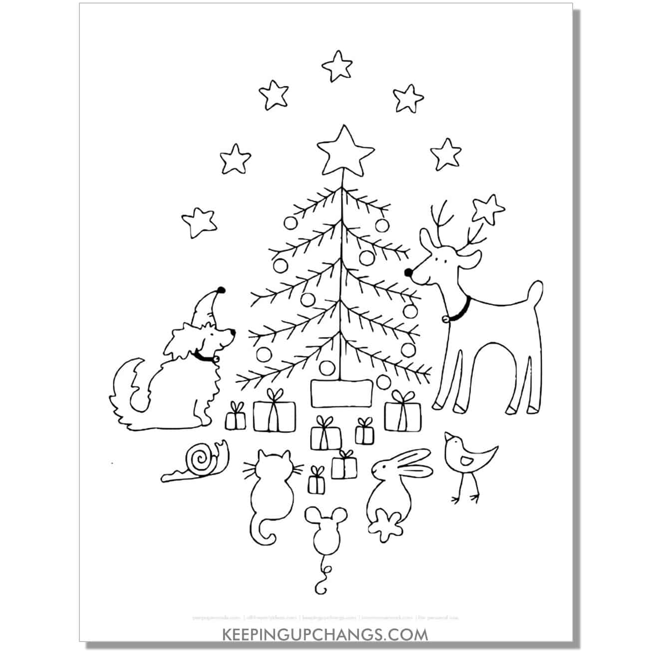free christmas animals with reindeer antler coloring page.