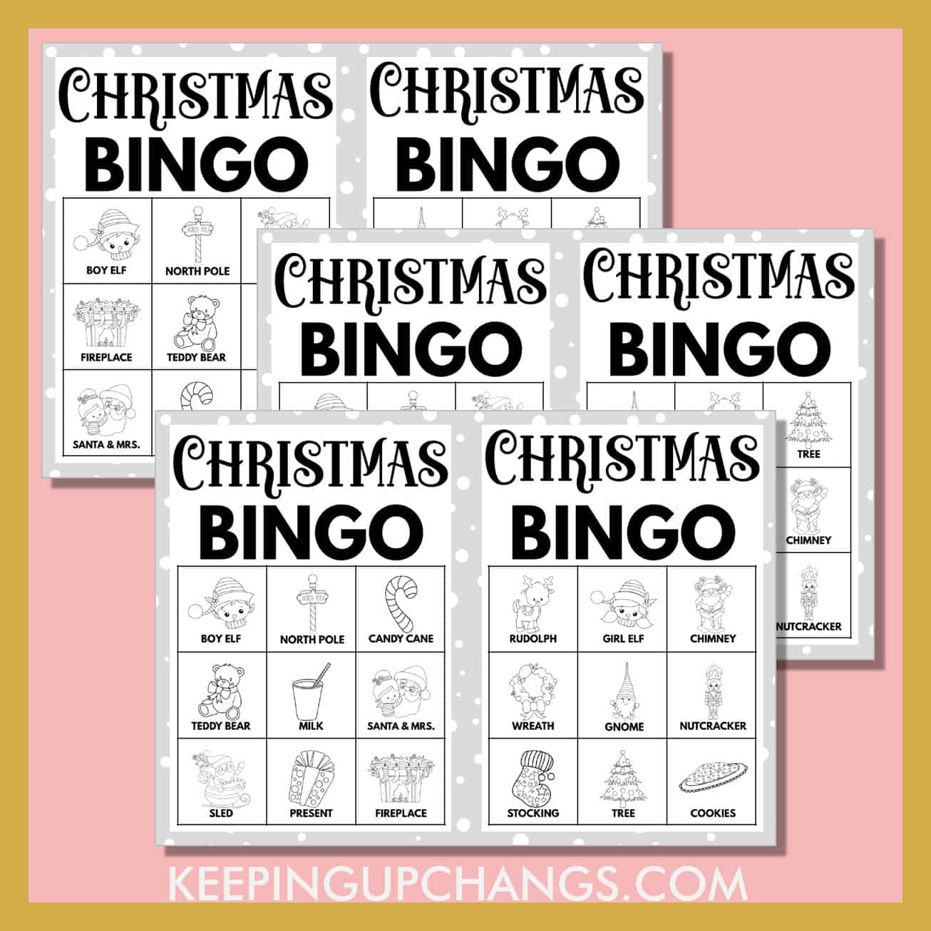 free christmas bingo 3x3 black white coloring game cards.