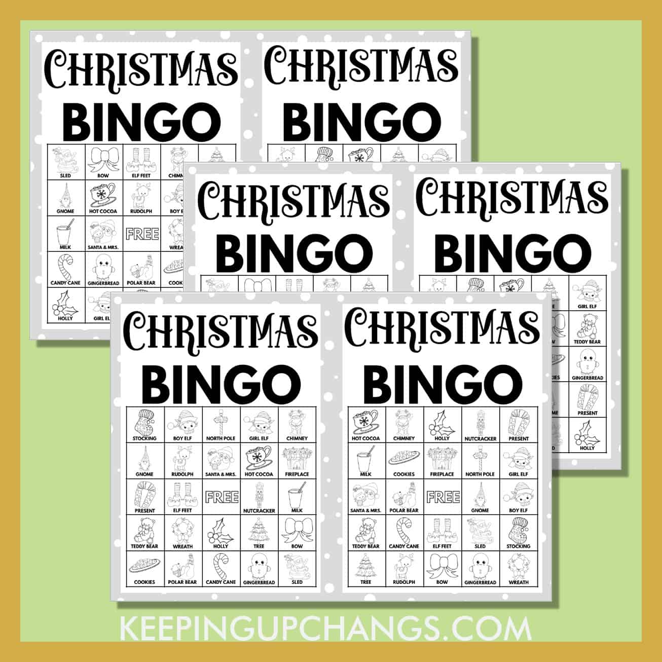 free christmas bingo 5x5 black white coloring game cards.