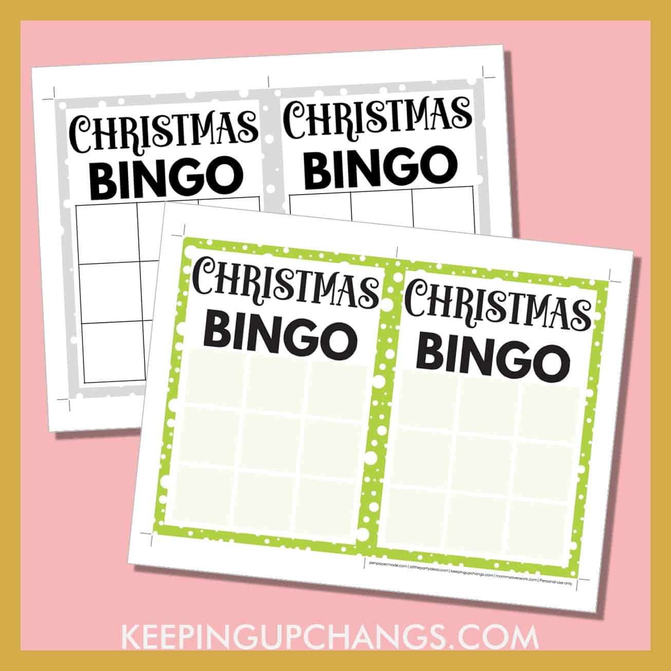 free christmas bingo 3x3 grid game board blank template in color, black and white.