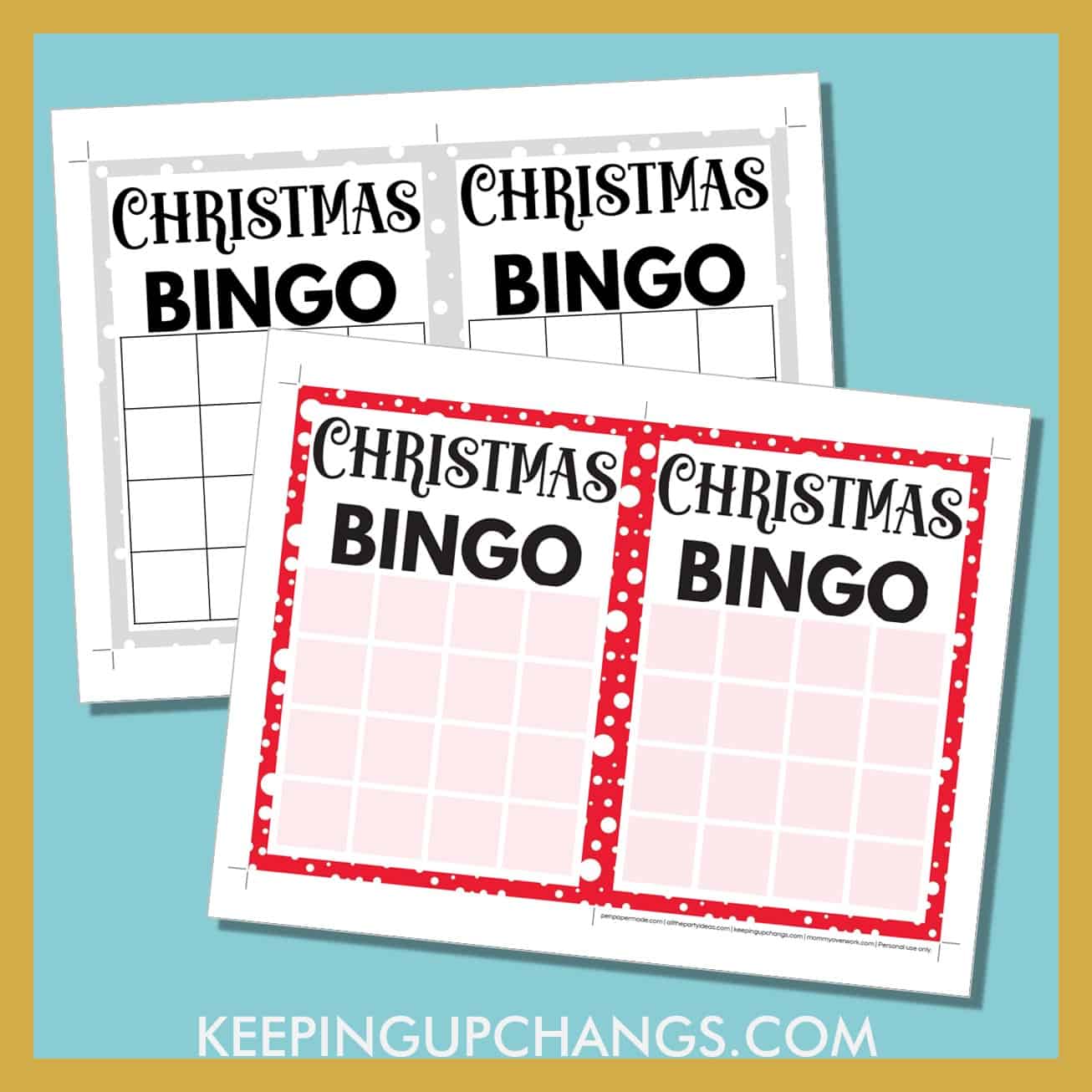 free christmas bingo 4x4 grid game board blank template in color, black and white.