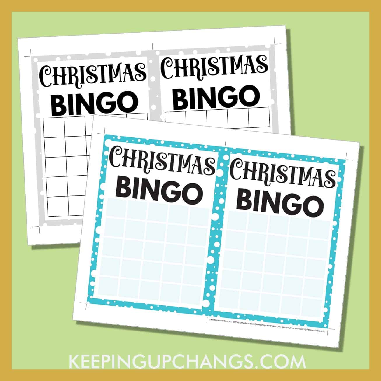free christmas bingo 5x5 grid game board blank template in color, black and white.