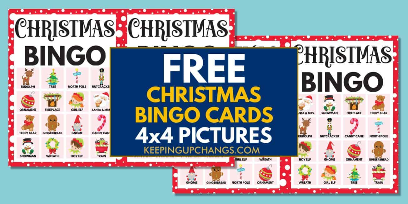 free christmas bingo cards 4x4 for party, school, group.