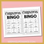 free christmas bingo card 3x3 5x7 black white coloring game boards with images and text words.