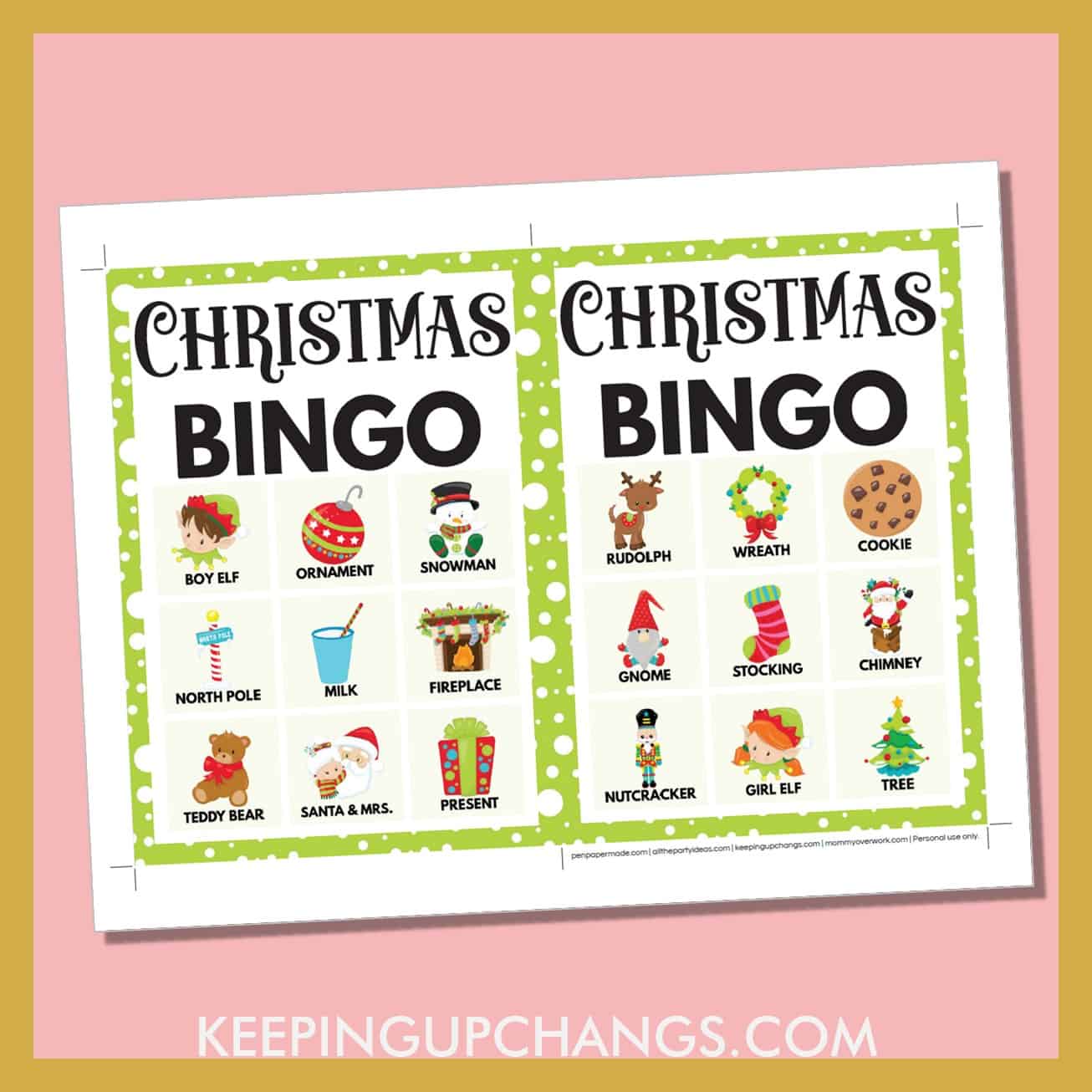 free christmas bingo card 3x3 5x7 game boards with images and text words.