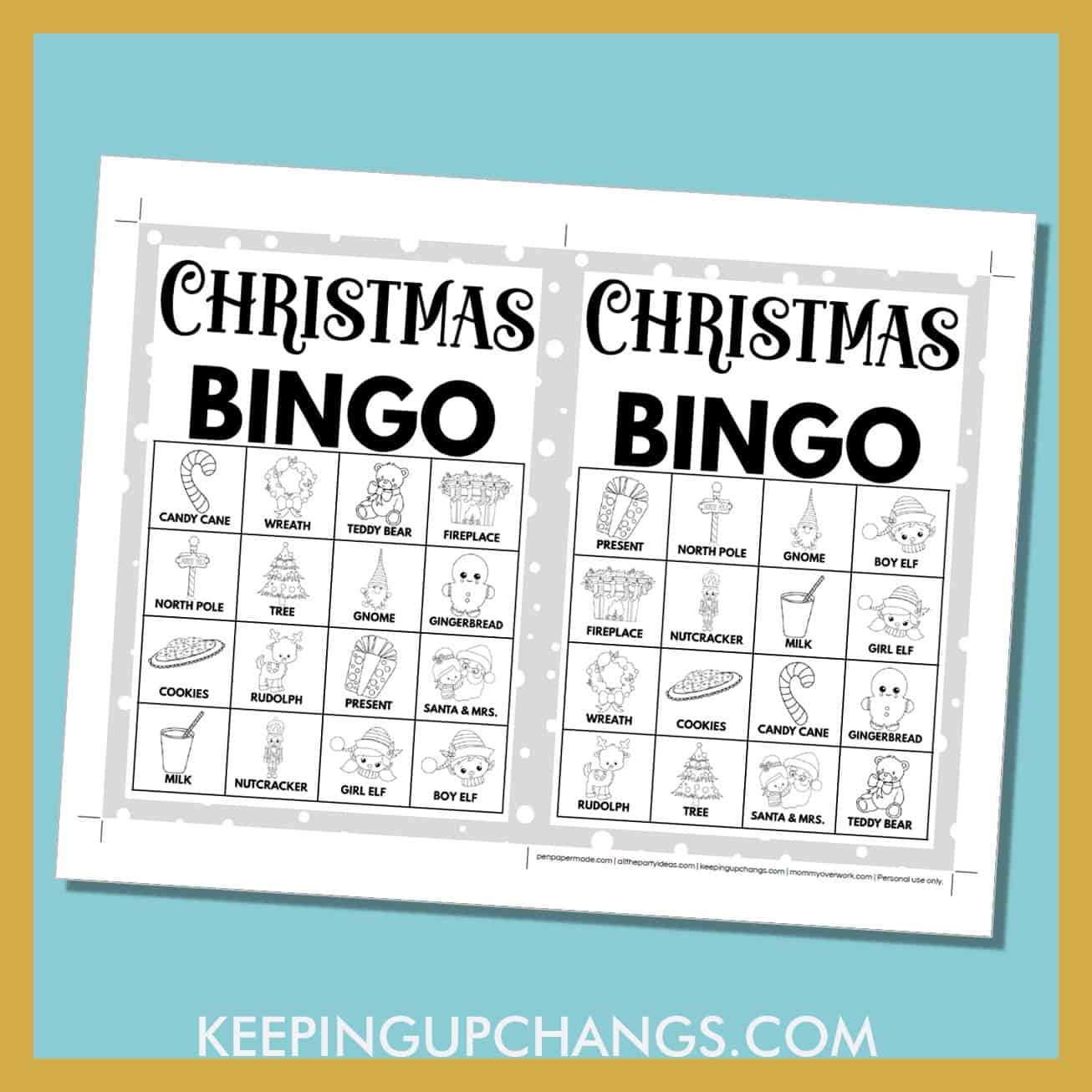 free christmas bingo card 4x4 5x7 black white coloring game boards with images and text words.