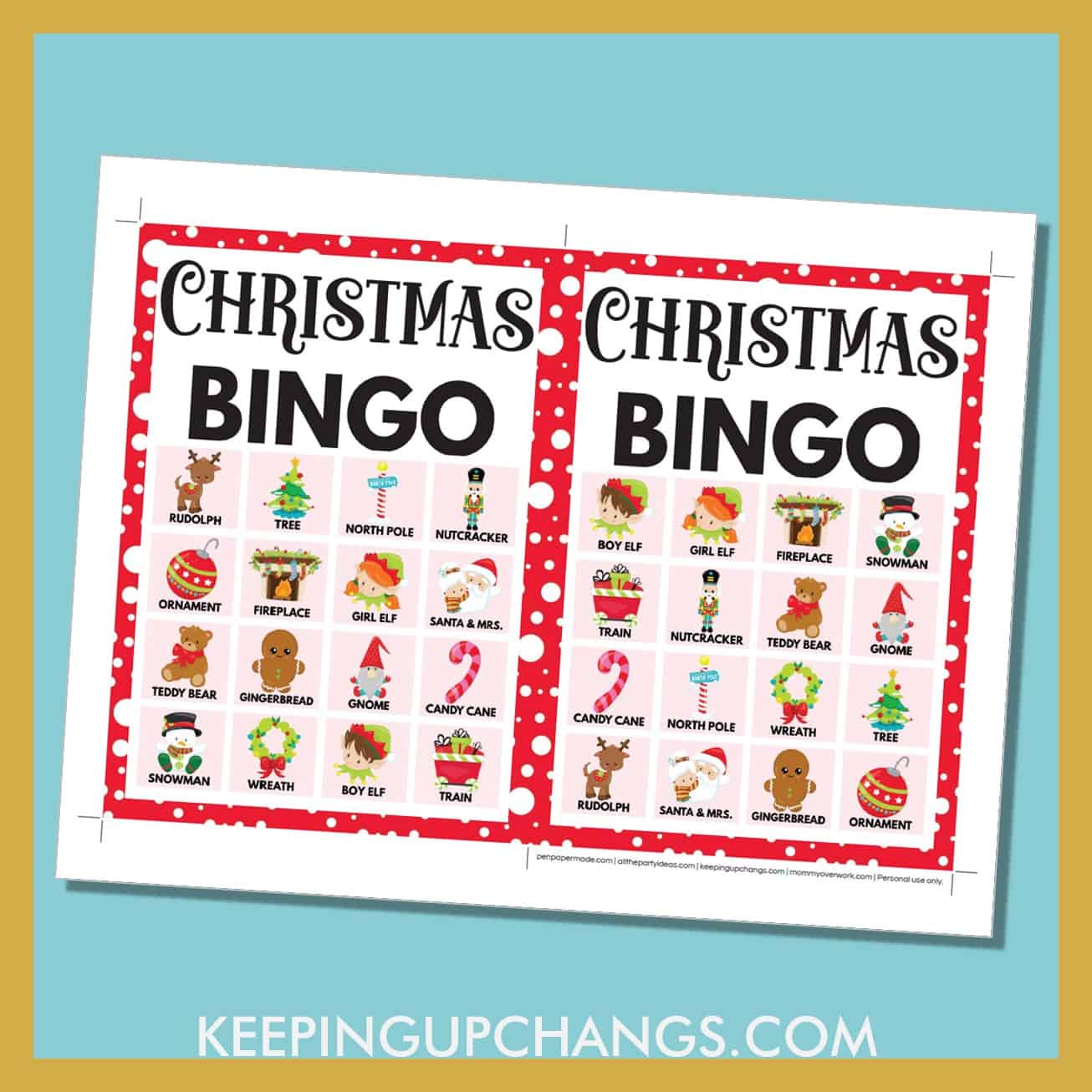 free christmas bingo card 4x4 5x7 game boards with images and text words.