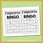 free christmas bingo card 5x5 5x7 black white coloring game boards with images and text words.