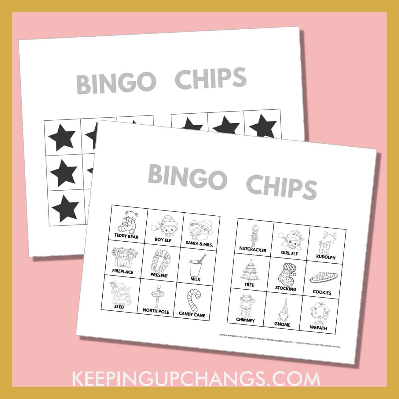 free christmas bingo card 3x3 black white coloring game chips, tokens, markers.