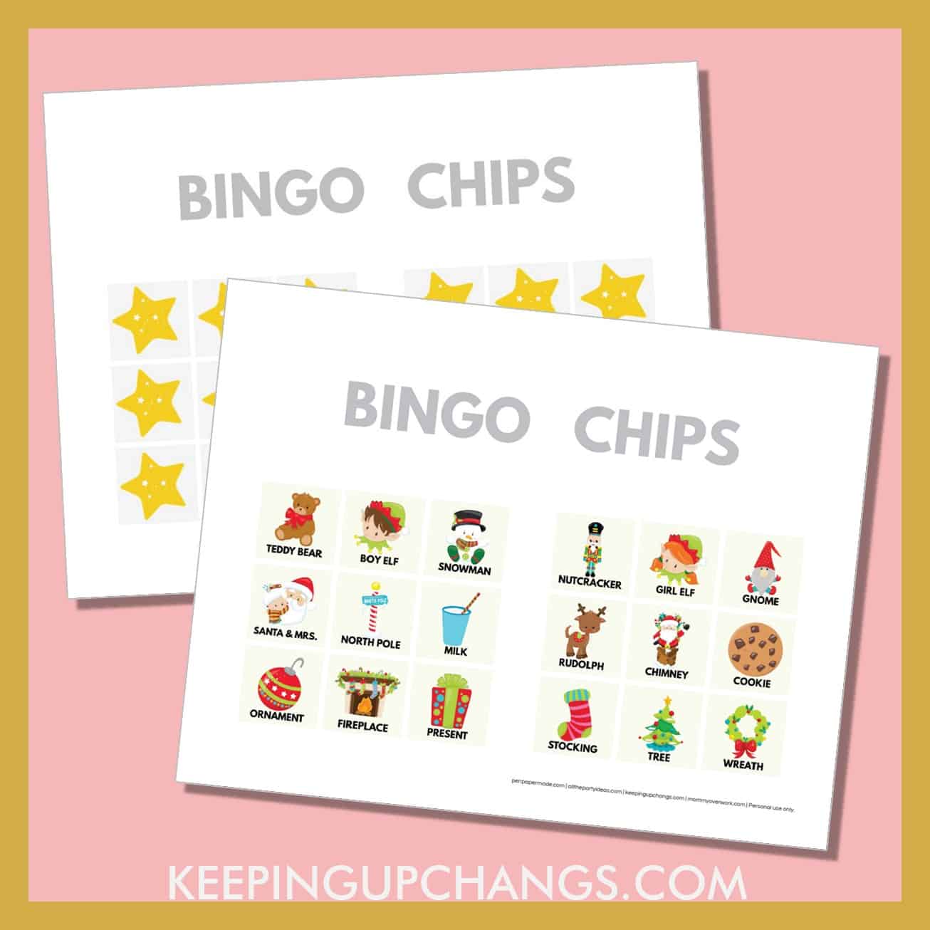 free christmas bingo card 3x3 game chips, tokens, markers.
