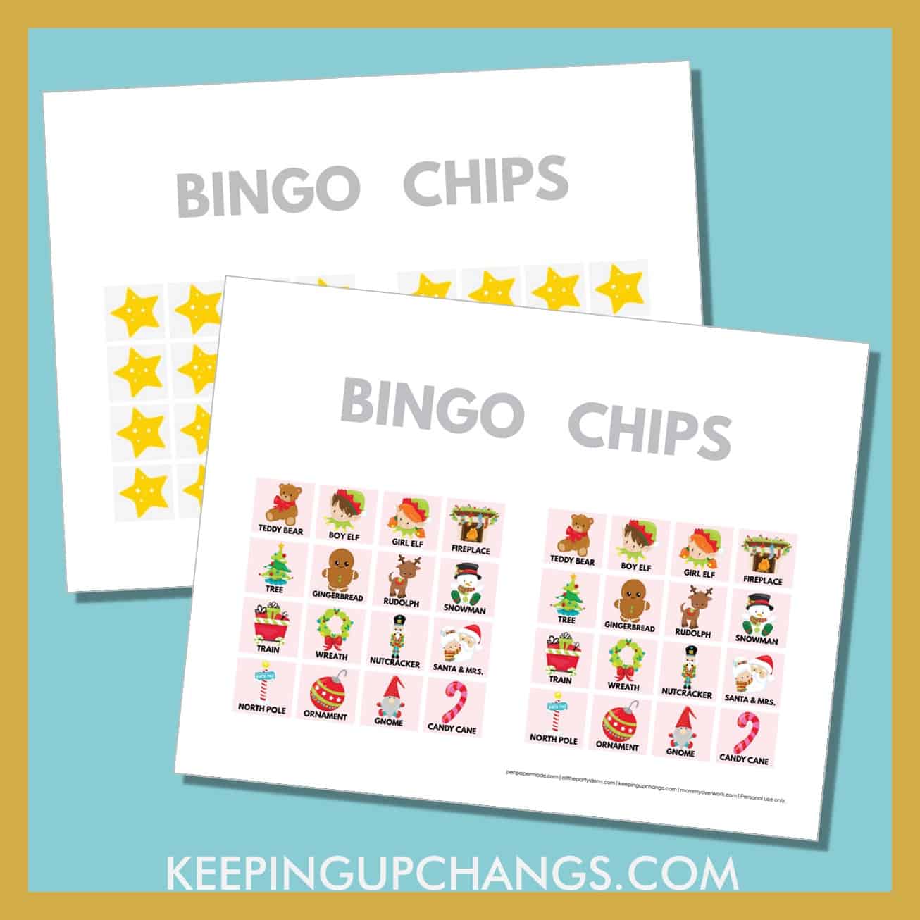 free christmas bingo card 4x4 game chips, tokens, markers.