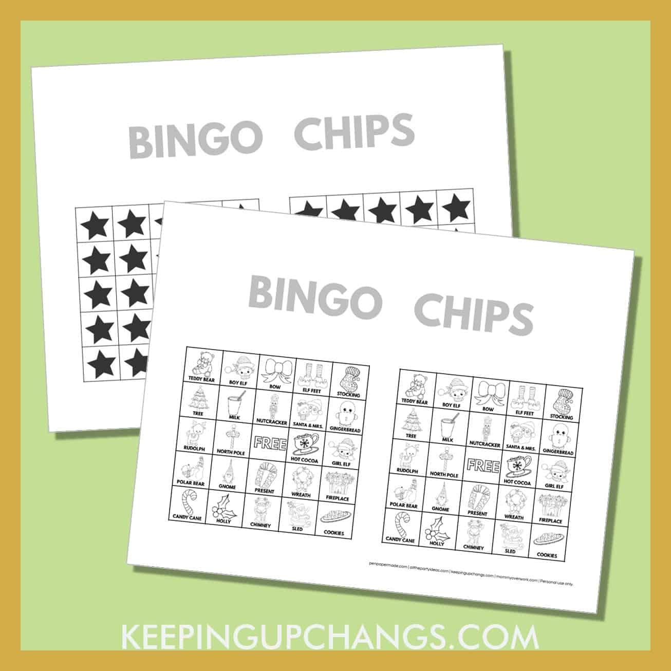 free christmas bingo card 5x5 black white coloring game chips, tokens, markers.