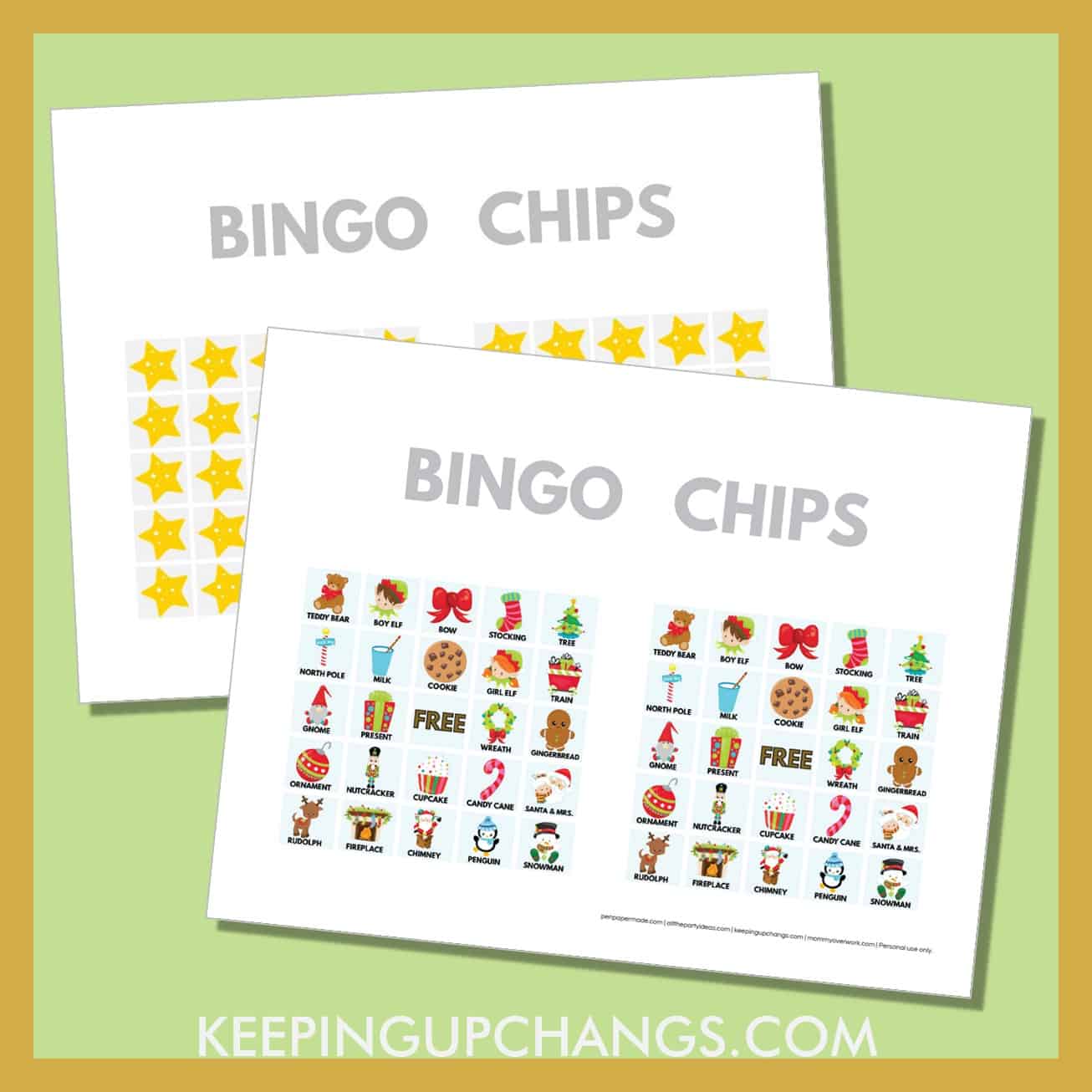 free christmas bingo card 5x5 game chips, tokens, markers.