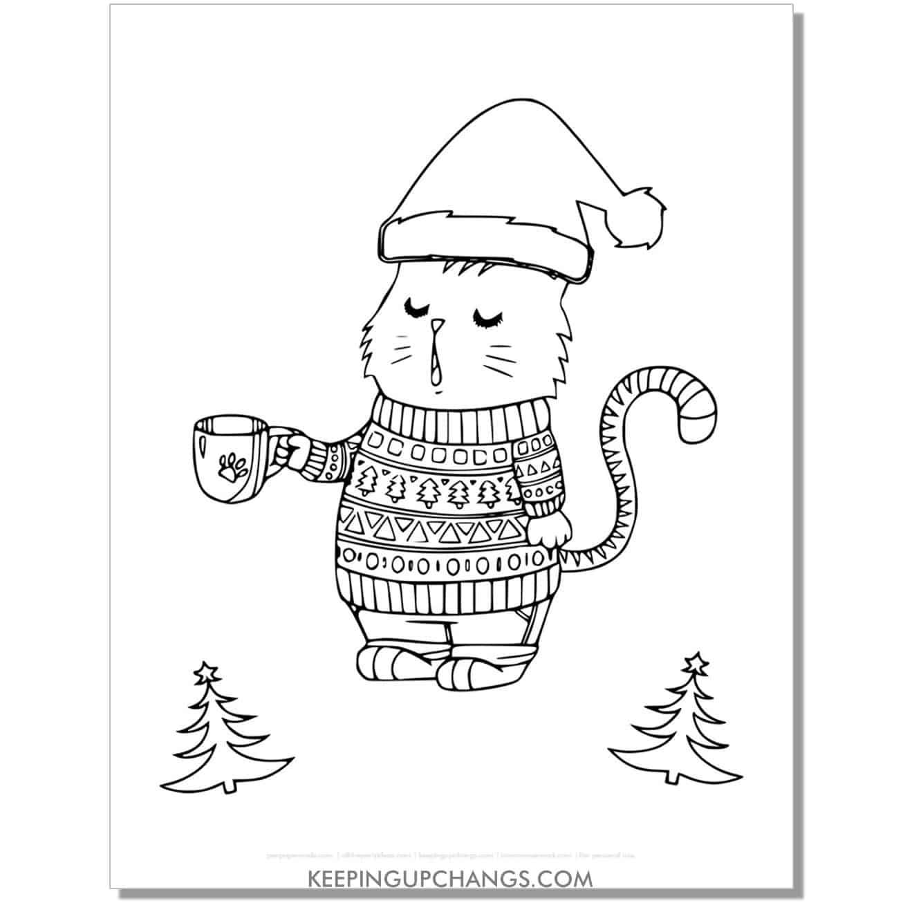 free christmas cat coloring page for adults.