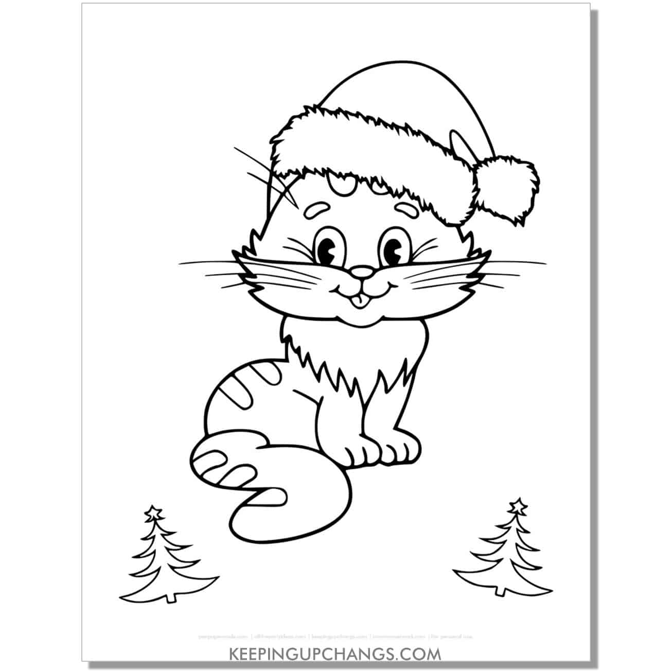 free cute christmas cat with santa hat coloring page.