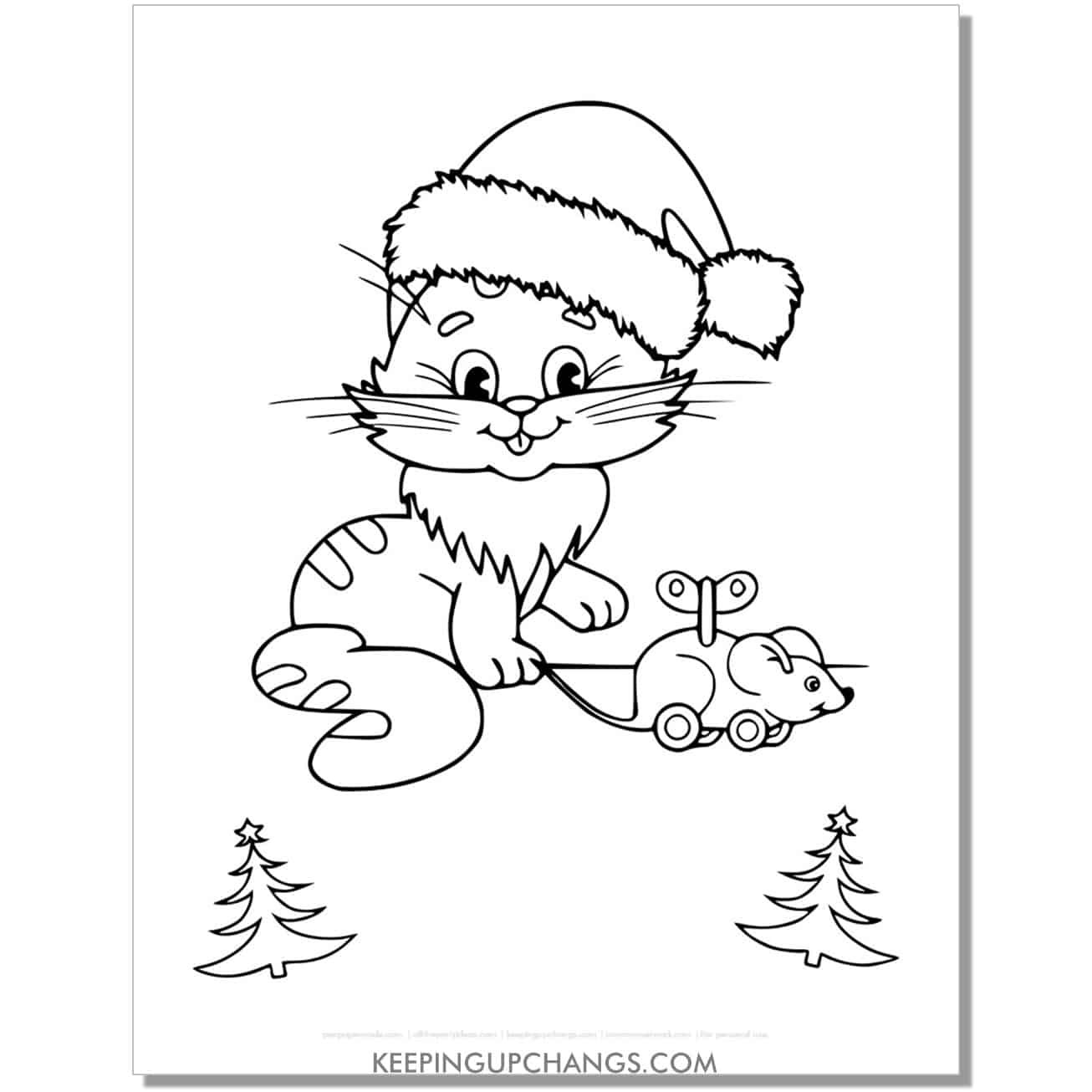 free cute christmas cat with toy mouse coloring page.