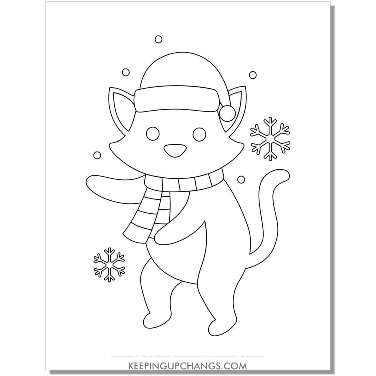 free winter christmas cat in falling snow coloring page.