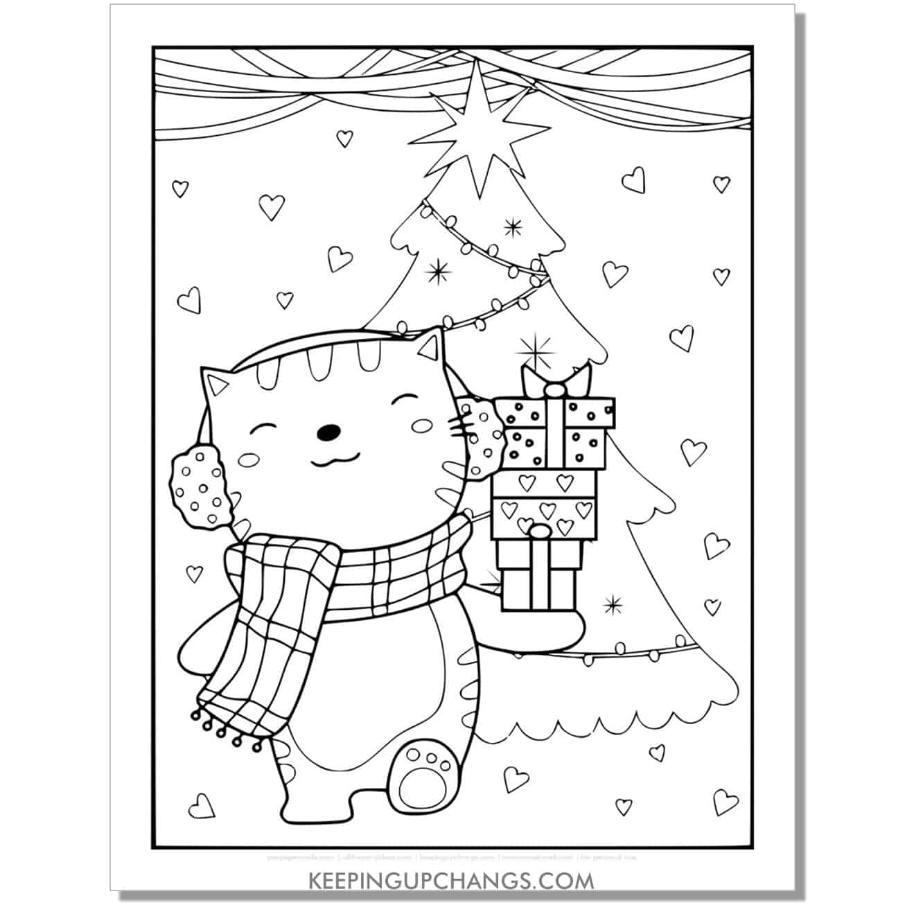 free christmas cat with tree and earmuffs full size coloring page.