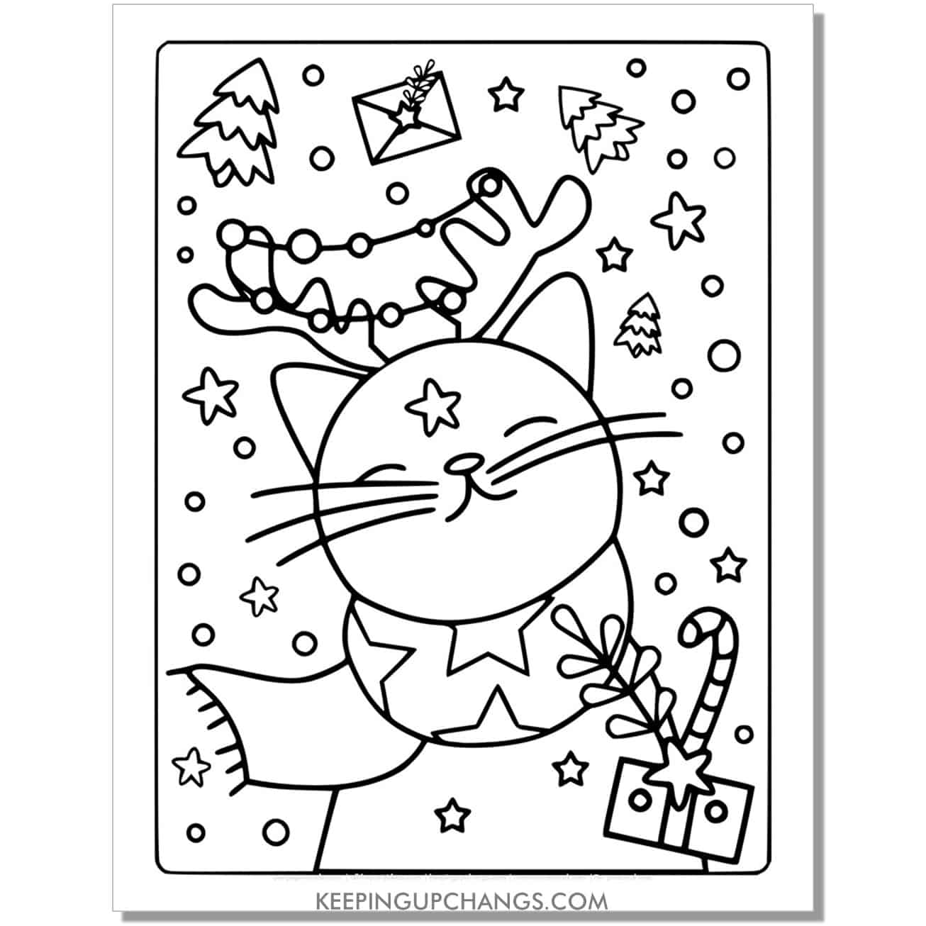 free christmas cat with reindeer antlers full size coloring page.