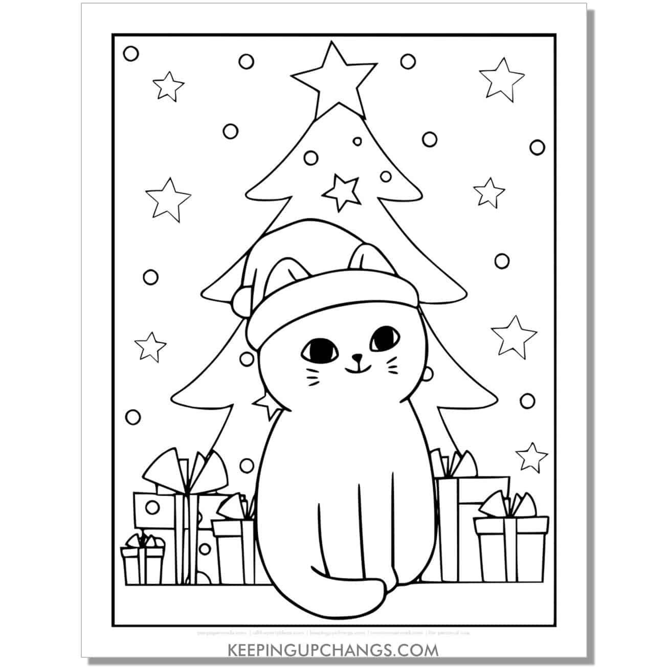 free kawaii christmas cat with tree and presents full size coloring page.