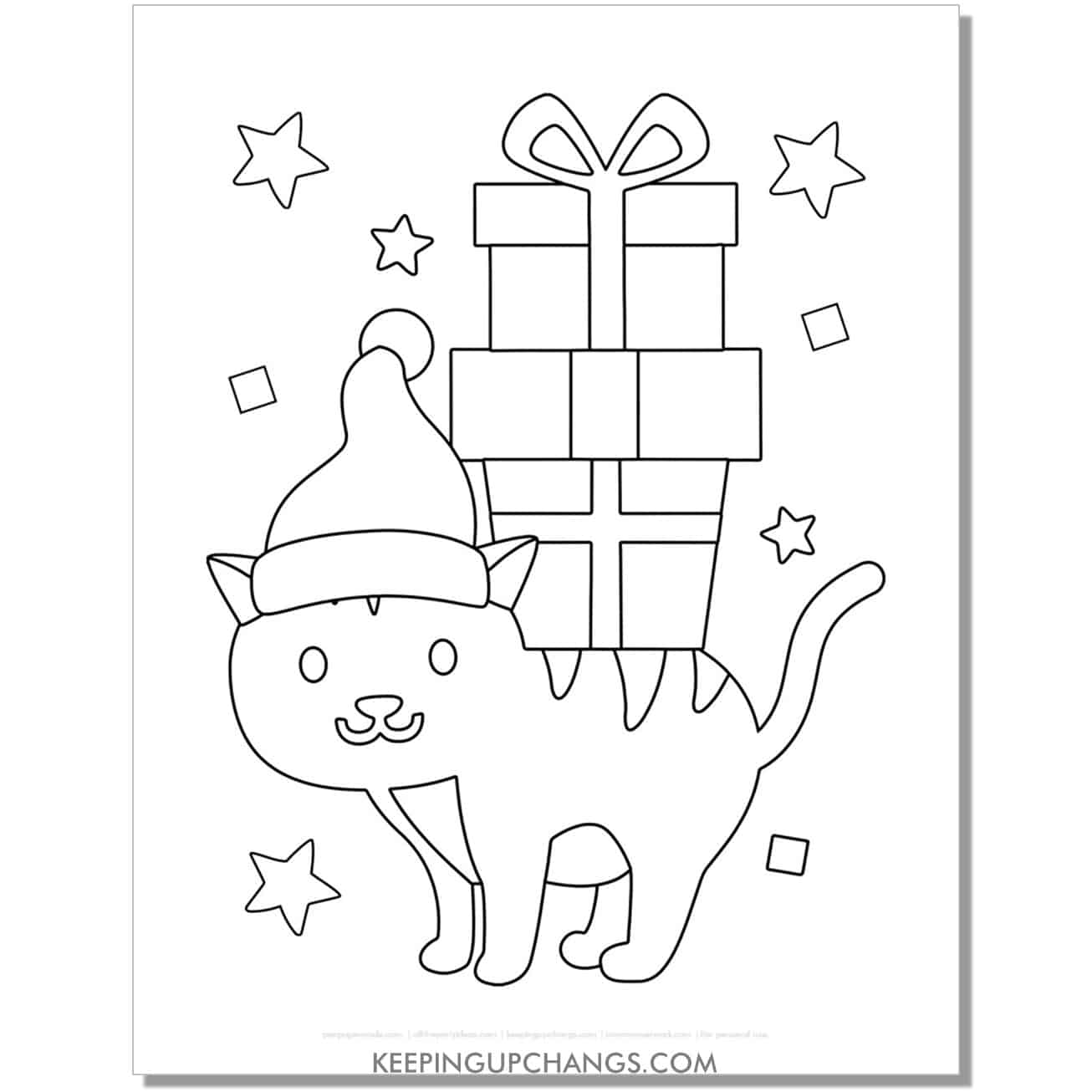 free christmas cat with gift tower on back coloring page.