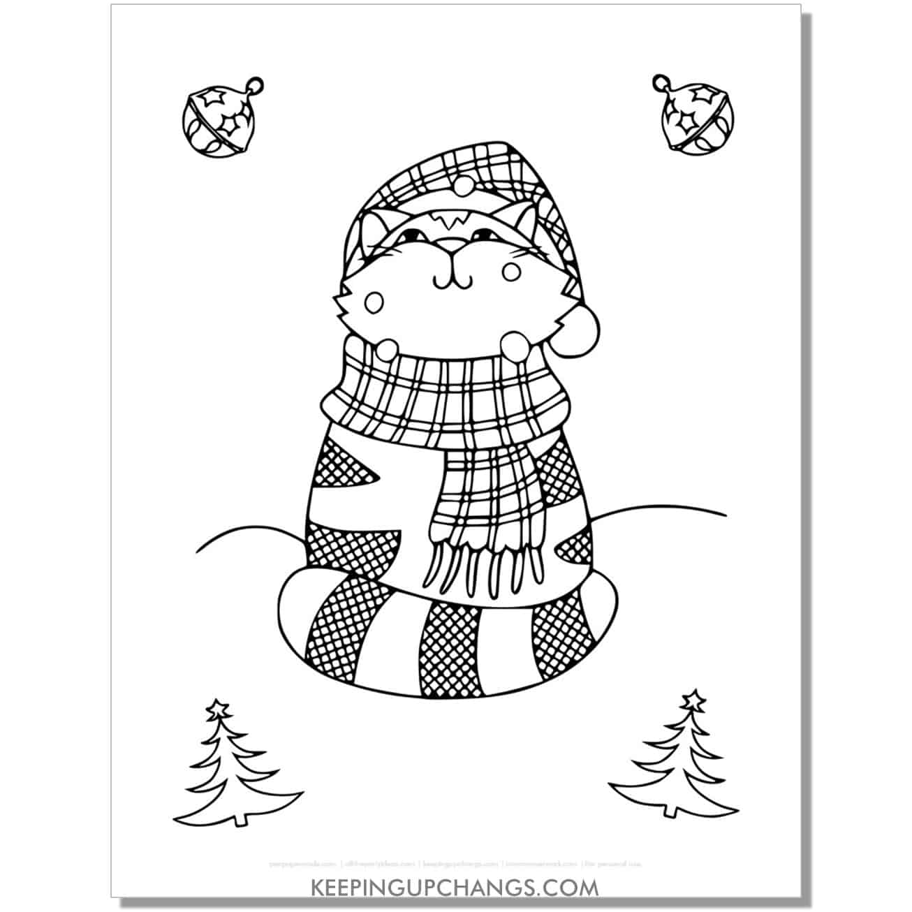 free christmas cat, tree, ornaments coloring page.