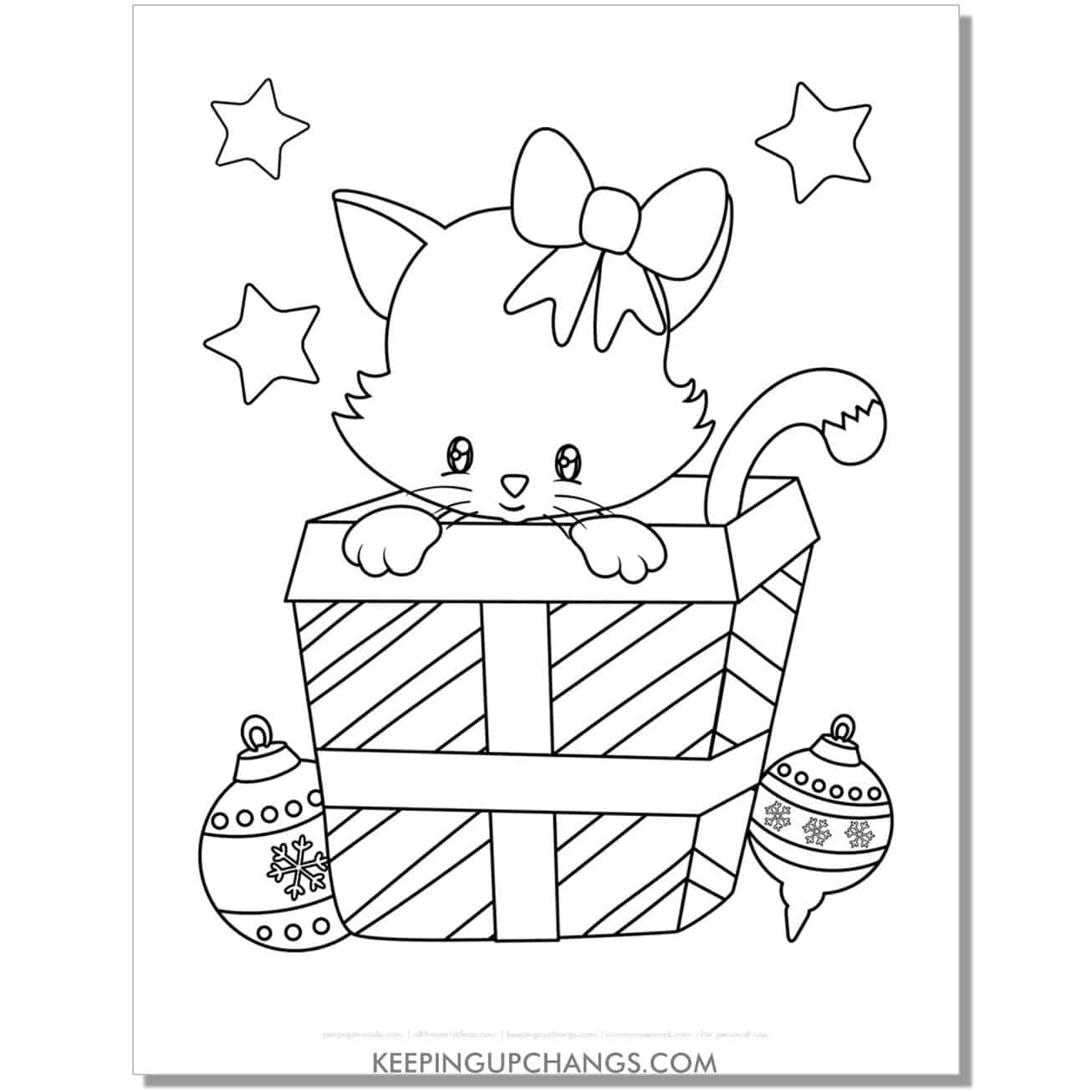 free adorable christmas cat in present coloring page.