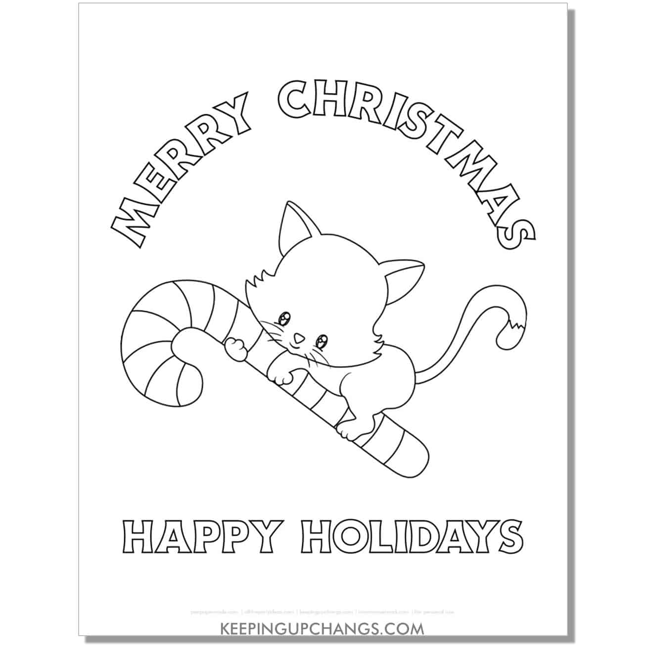 free merry christmas, happy holidays christmas cat coloring page.