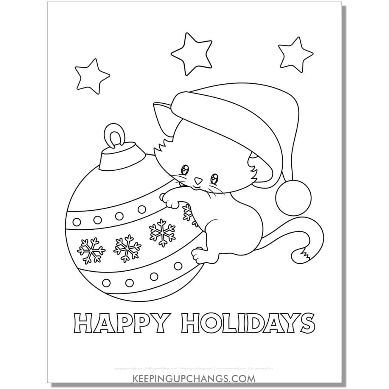 free happy holidays christmas cat with ornament coloring page.