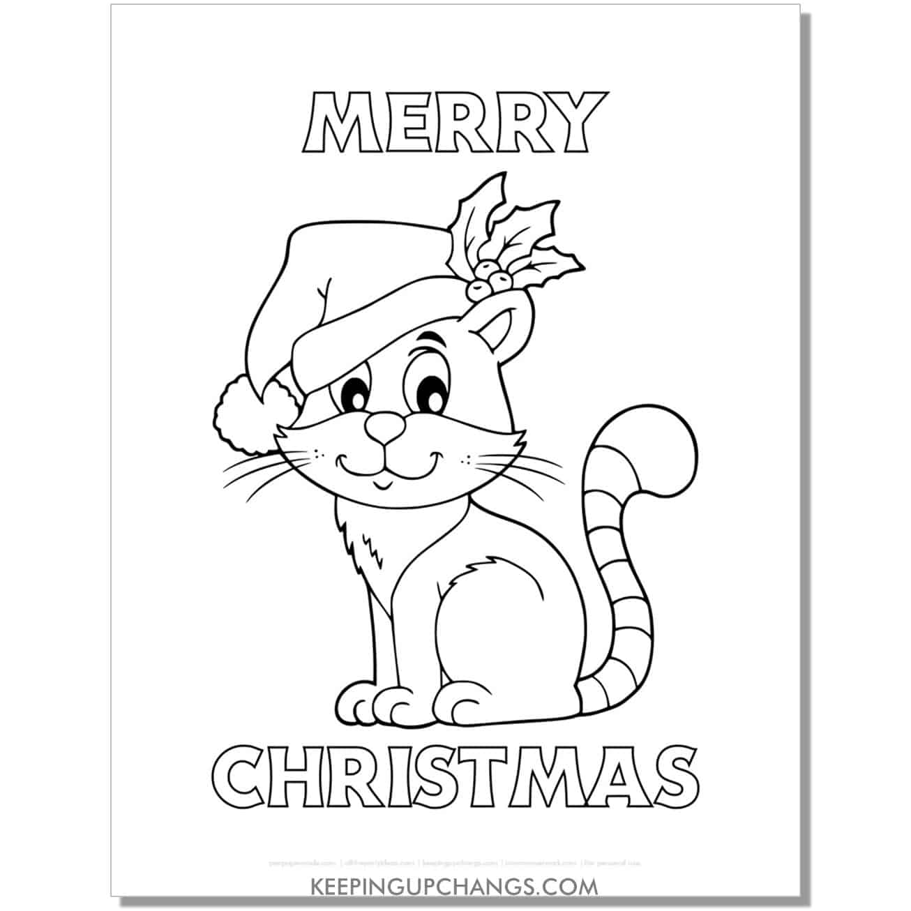 free merry christmas cat coloring page for preschool, toddlers.