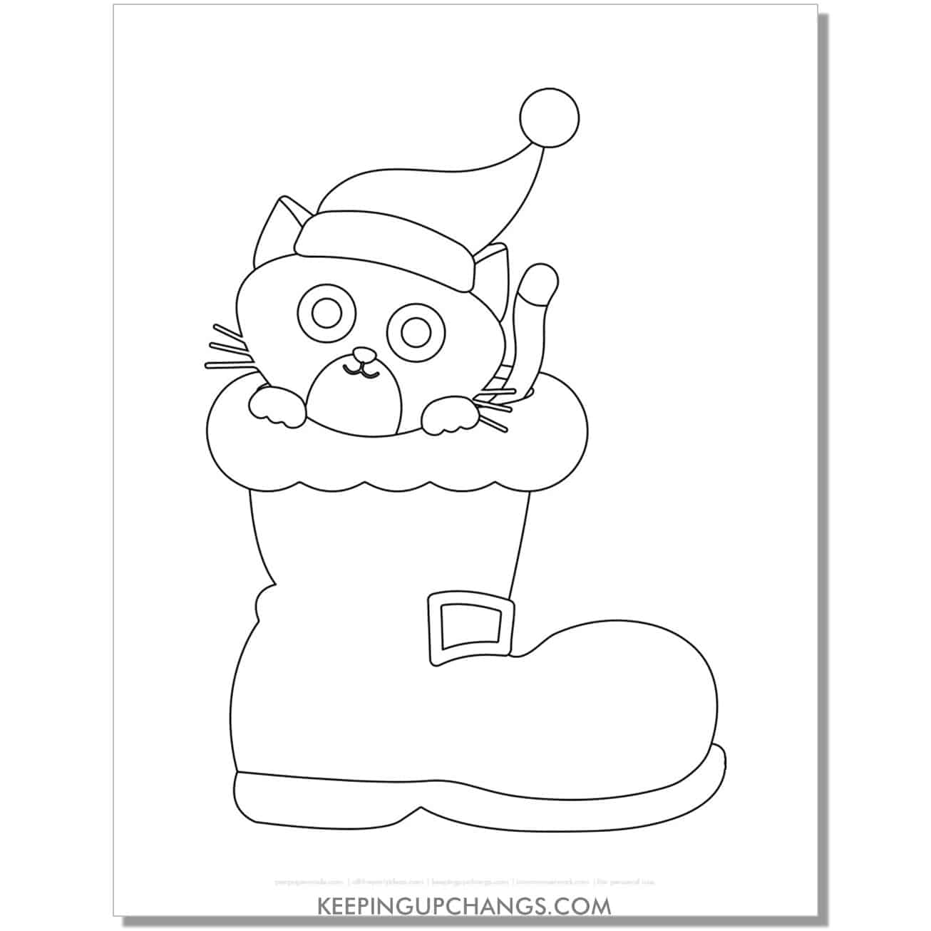 free christmas kitten in santa boot coloring page.