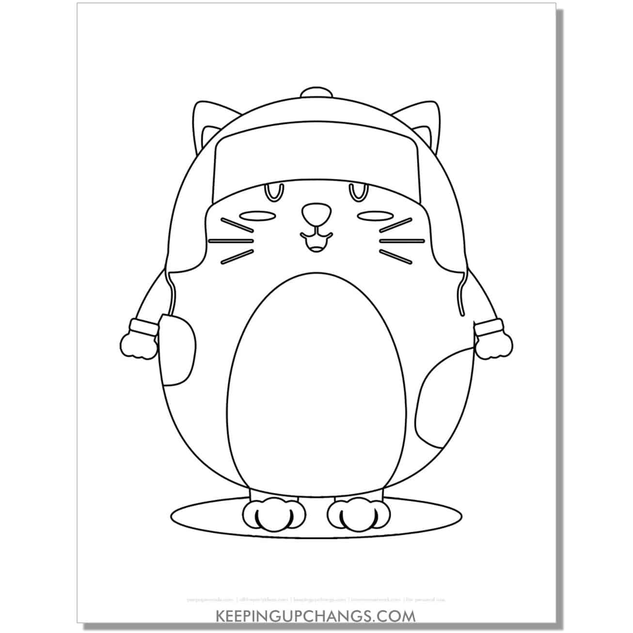 free christmas cat with winter hat coloring page.