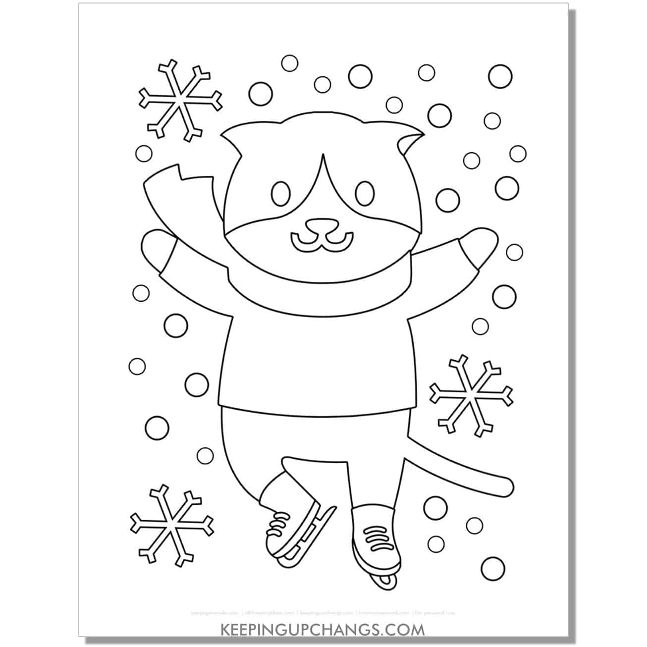 free ice skating winter christmas cat coloring page.