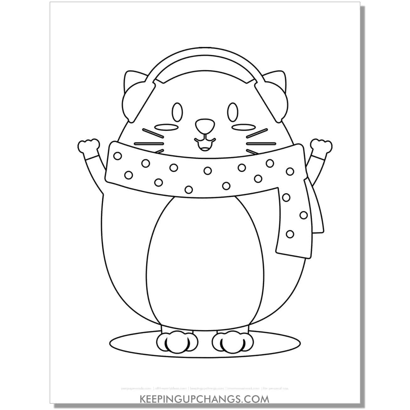 free winter christmas cat with ear muffs, scarf coloring page.