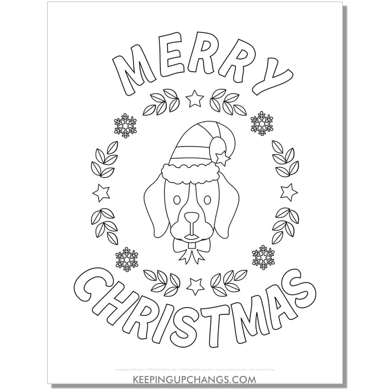 free beagle, spaniel in wreath christmas dog coloring page.